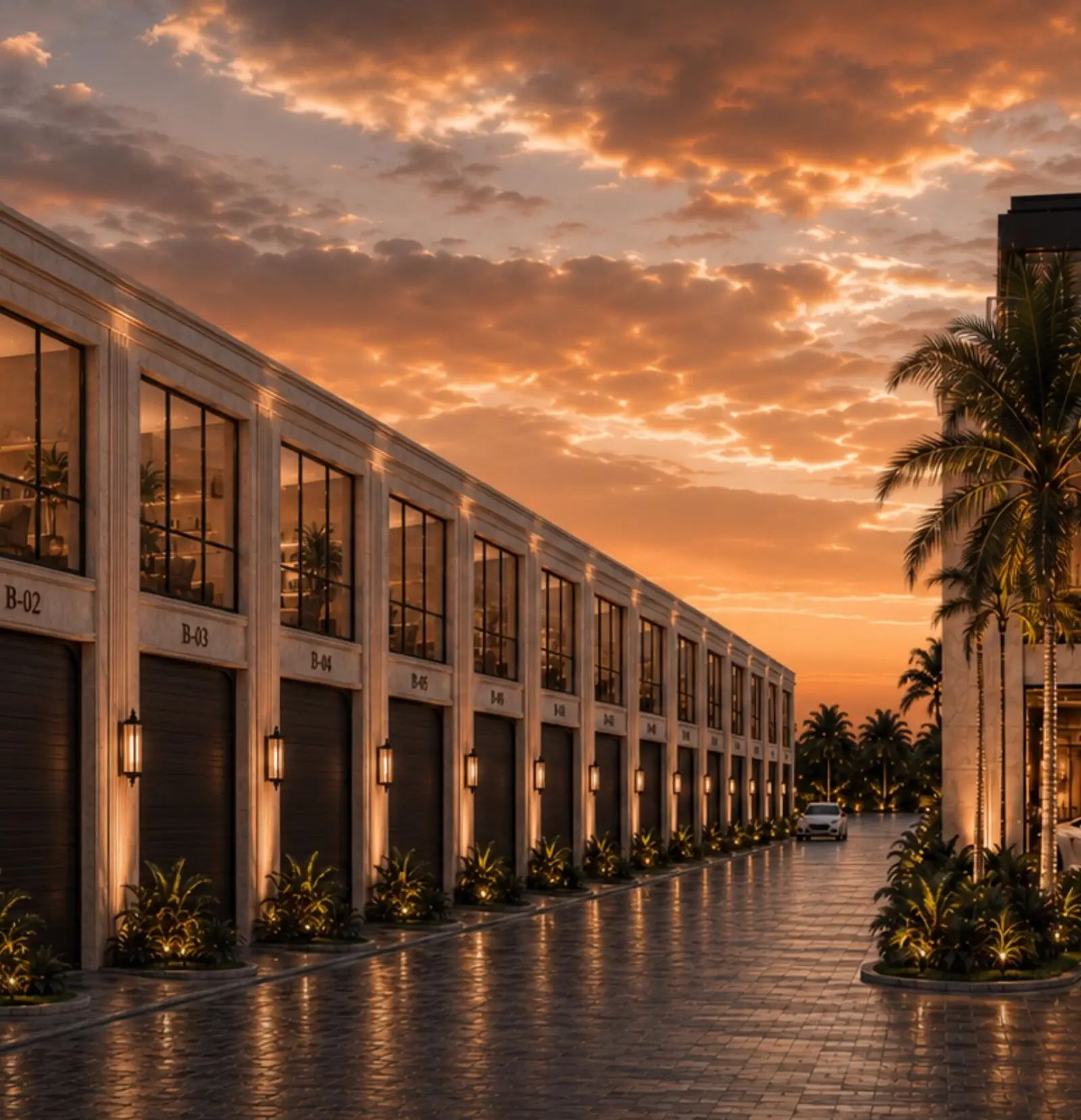 The palm-lined private drive through the compound