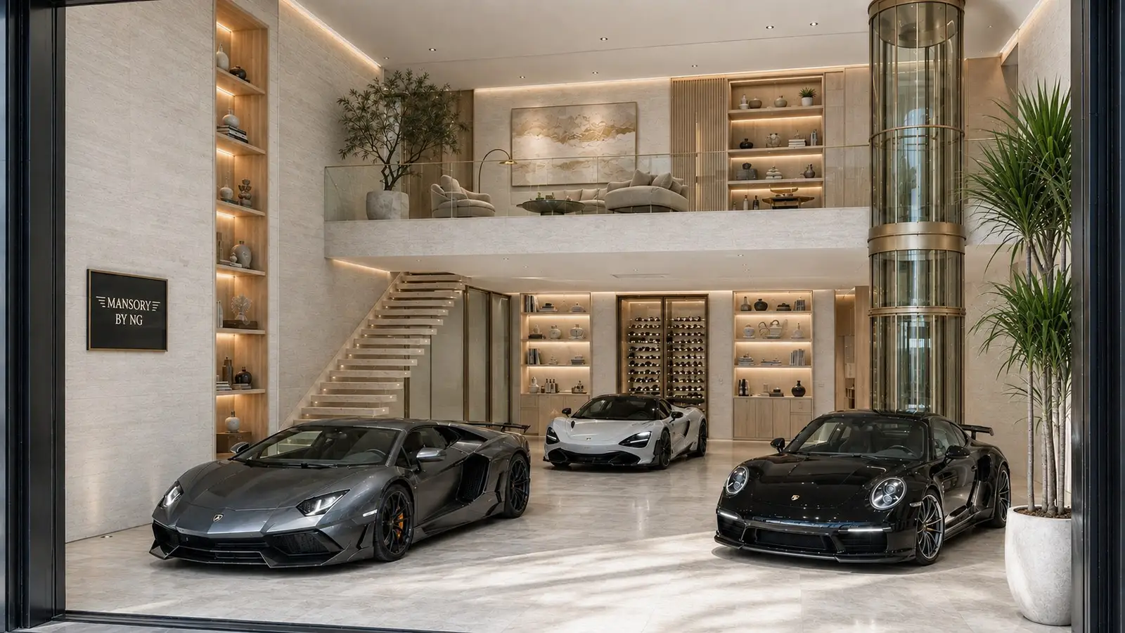 The same suite shell with three supercars beneath the mezzanine, finished in pale oak and ivory stone in bright coastal daylight