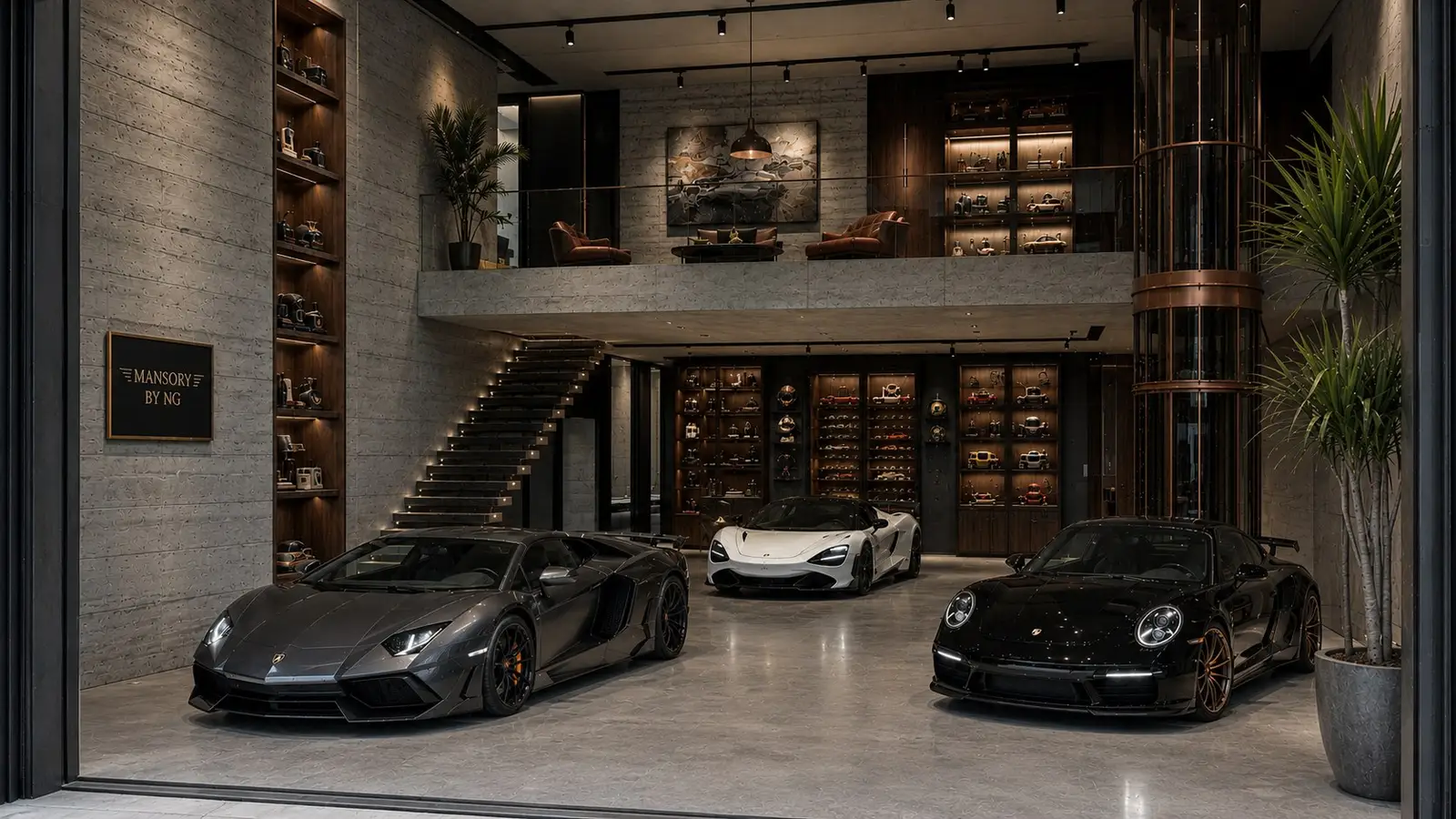 The same suite shell with three supercars beneath the mezzanine, finished in board-formed concrete and black steel under track lighting