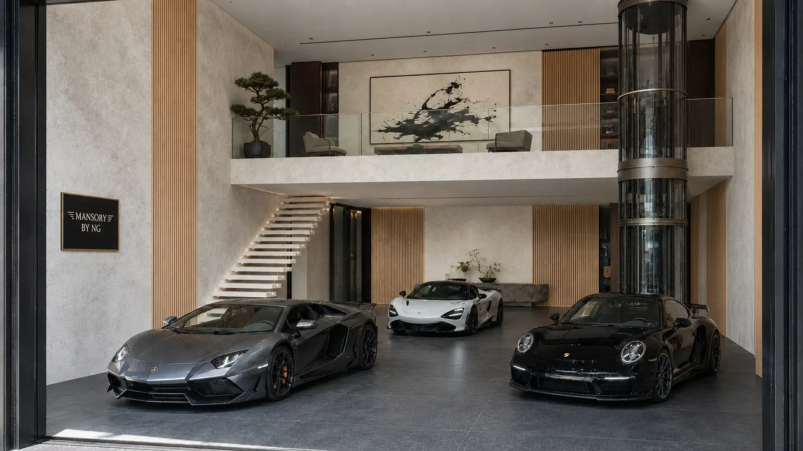 The same suite shell with three supercars beneath the mezzanine, finished in oak slat walls and lime plaster in daylight
