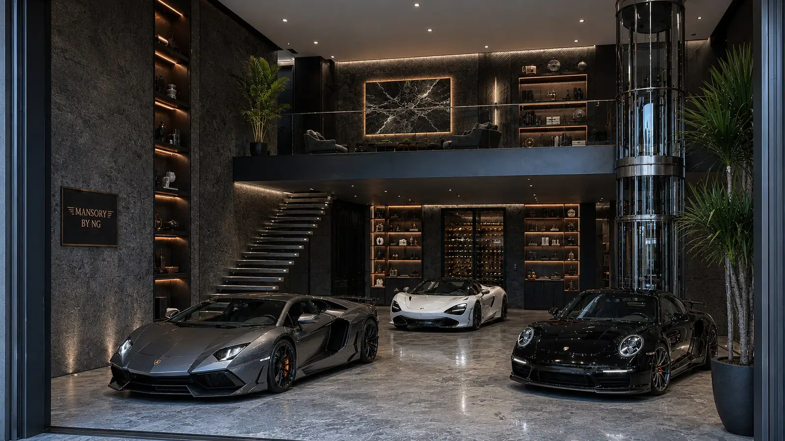 The same suite shell with three supercars beneath the mezzanine, finished in charcoal stone monolith walls under low amber light
