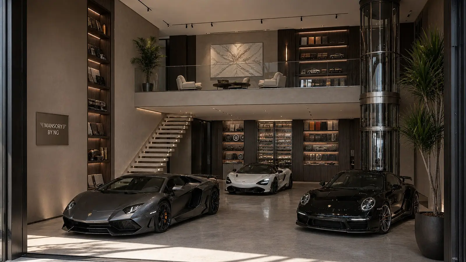 The same suite shell with three supercars beneath the mezzanine, finished in taupe plaster with a working library of material samples on the walls