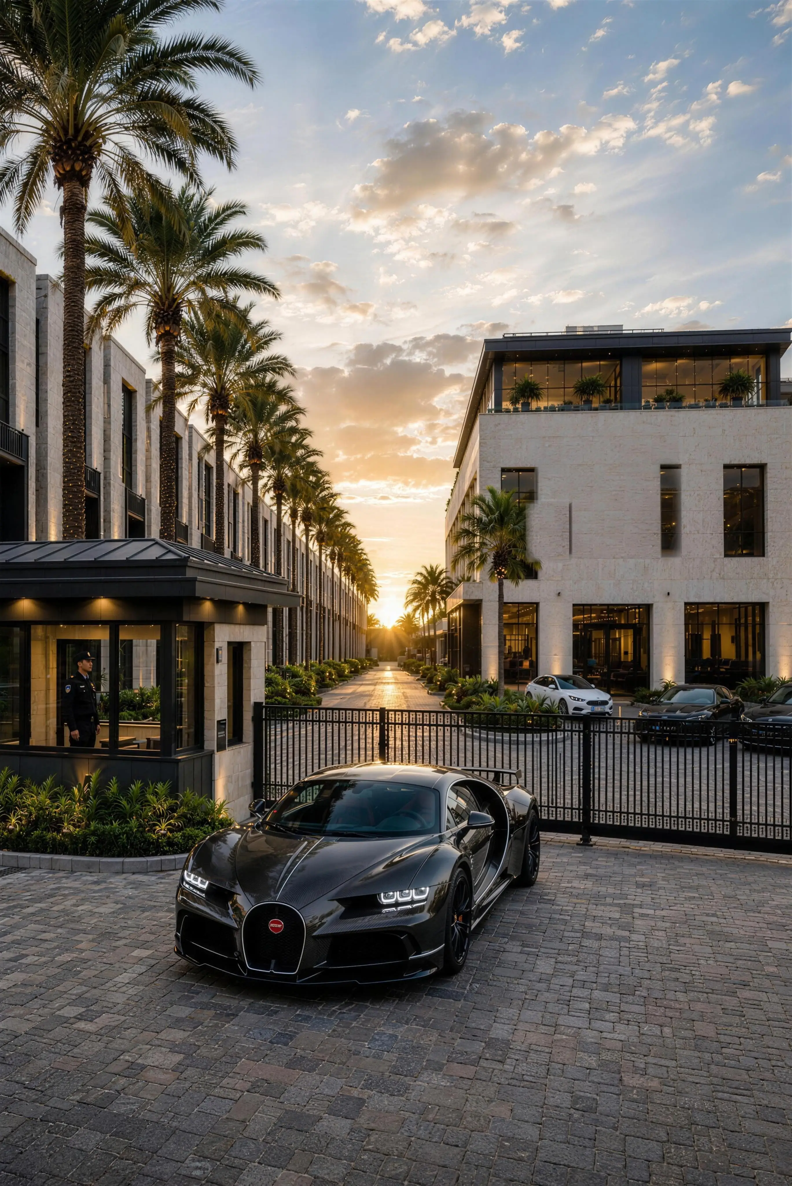 Black Bugatti at the gated stone gatehouse of the MANSORY by NG auto town homes compound at sunset, palm-lined motorcourt beyond