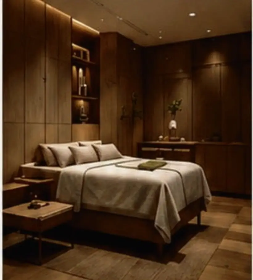 Private recovery suite with a dressed treatment bed, warm walnut panelling and low recessed lighting