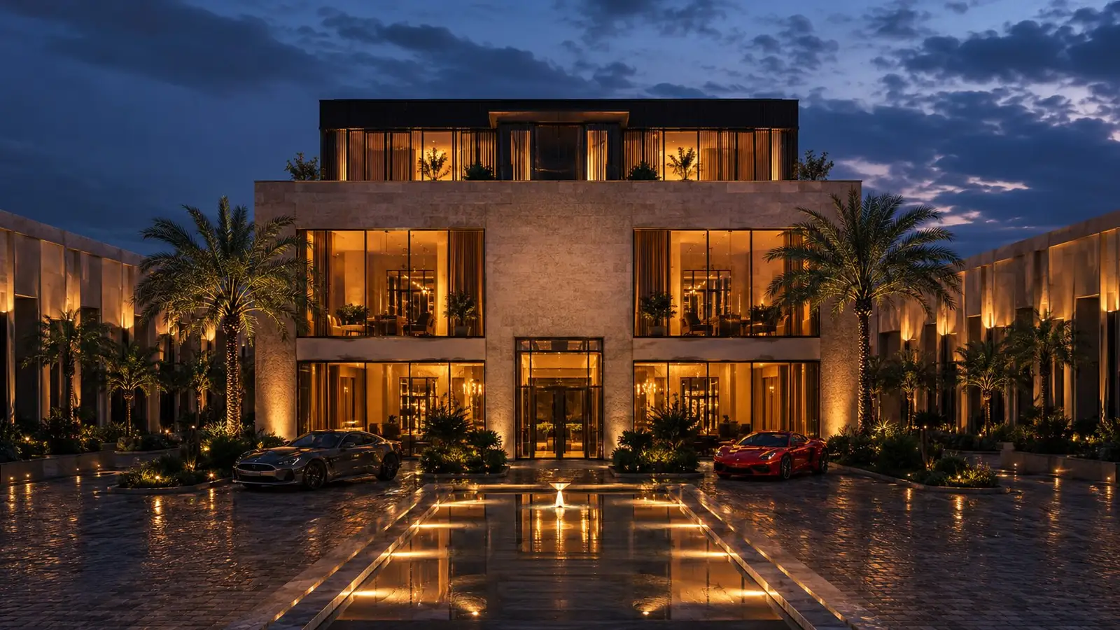 The illuminated flagship frontage of the compound at blue hour